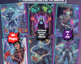 Libro da colorare con i numeri a tema film horror, 30 personaggi iconici e spaventosi, 60 pagine (PDF, PNG)