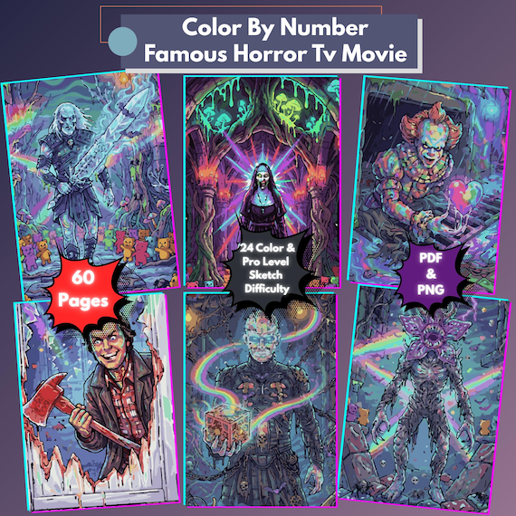 Horror Movie Color by Number Book, 30 Iconic Scary Characters, 60 Pages (PDF, PNG)