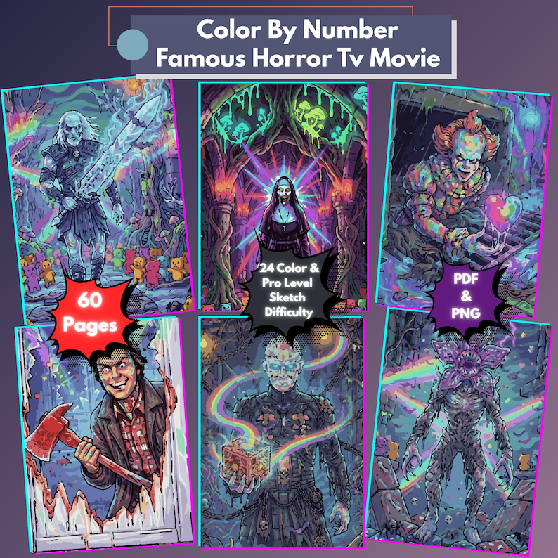 May include: A digital color-by-number collection featuring six horror-themed illustrations with vibrant rainbow accents. The text reads Color By Number Famous Horror Tv Movie, 60 Pages, 24 Color & Pro Level Sketch Difficulty, and PDF & PNG.