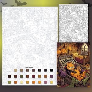 May include: A paint-by-number kit featuring a cartoon cat dressed as a vampire resting in a coffin with a pillow labeled LASAGNA. The kit includes a numbered outline sheet, a smaller reference image, and a color legend with 24 distinct paint shades.
