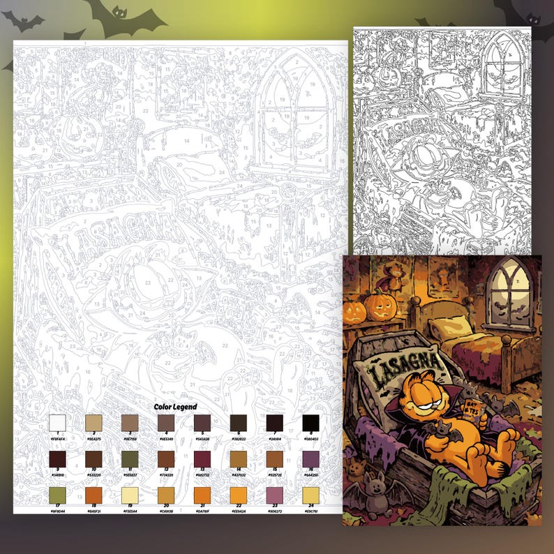 May include: A paint-by-number kit featuring a cartoon cat dressed as a vampire resting in a coffin with a pillow labeled LASAGNA. The kit includes a numbered outline sheet, a smaller reference image, and a color legend with 24 distinct paint shades.
