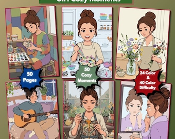 Color by Number Cozy Girl Scenes, 50 Pages, 24/40 Color Challenge (PDF)