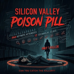 Puede incluir: Una ilustración digital titulada Silicon Valley Poison Pill que muestra a una persona tumbada en el suelo dentro de un círculo rojo brillante de escena del crimen. Una silueta con sombrero se aleja. El texto incluye 2048 Keynote Attendees, 12 Technical Clues, Only 1 Killer y Can You Catch The Killer??