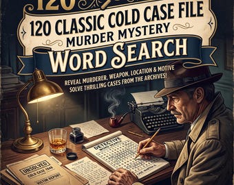 Può includere: Una copertina di libro 120 Classic Cold Case File Murder Mystery Word Search con un detective in trench e fedora che risolve un puzzle su una scrivania con una macchina da scrivere, una lampada in ottone, un bicchiere di whisky e un rapporto.