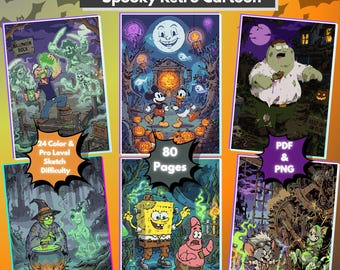 Spooky Cartoon Color by Number Book, 40 Halloween Characters, 80 Pages PDF, PNG, Procreate