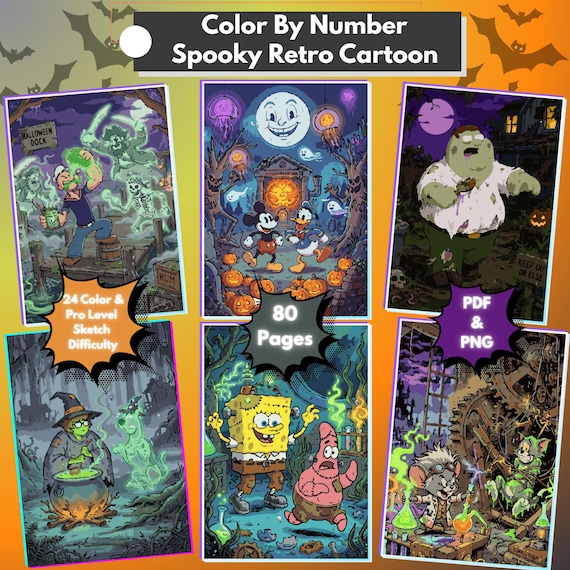 Spooky Cartoon Color by Number Book, 40 Halloween Characters, 80 Pages PDF, PNG, Procreate