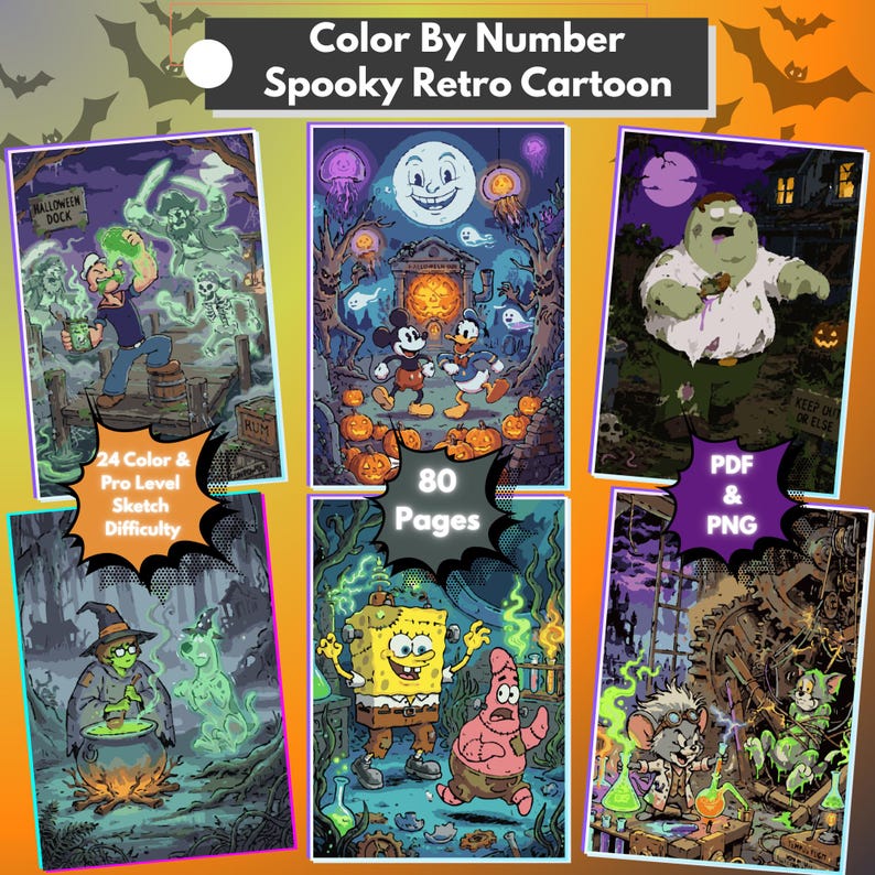 May include: A digital collection of 80 Color By Number Spooky Retro Cartoon pages in PDF and PNG formats. The images feature various animated characters in Halloween-themed settings with ghosts, pumpkins, and laboratory equipment in dark tones.