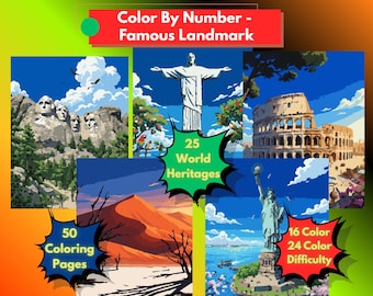 Libro para colorear por números: Monumentos famosos, 25 Patrimonios Mundiales emblemáticos, 16-24 colores (PDF).