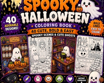 Spooky Halloween Coloring Book, 40 Ghosts & Haunted Scenes Coloring Pages, Printable PDF, PNG