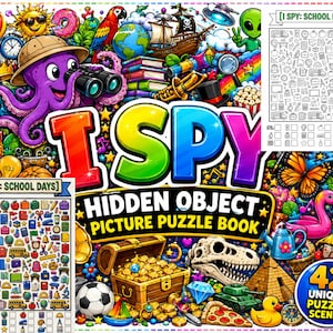 Pode incluir: Uma capa colorida de livro de quebra-cabeças de objetos ocultos intitulada I SPY HIDDEN OBJECT PICTURE PUZZLE BOOK, com um polvo roxo com binóculos, um baú de tesouro, um crânio de dinossauro, uma bola de futebol, um flamingo e ícones escolares.