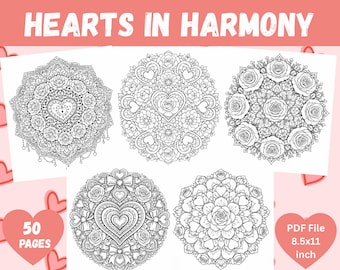 Mandalas para colorear de San Valentín para parejas, relajación y atención plena.