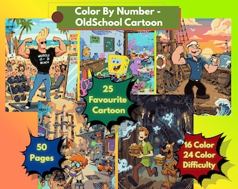 Libro de colorear por números con dibujos animados retro, 50 páginas, actividad de animación clásica (descarga digital)
