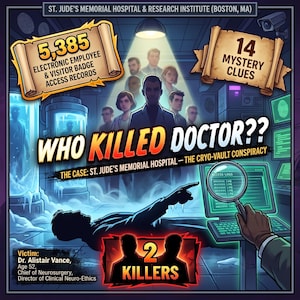 Può includere: Copertina di un gioco giallo intitolata WHO KILLED DOCTOR?? THE CASE: ST. JUDE'S MEMORIAL HOSPITAL – THE CRYO-VAULT CONSPIRACY. Mostra una scena del crimine con una figura a terra, uno schermo, 5.385 registri di accesso e 14 indizi.