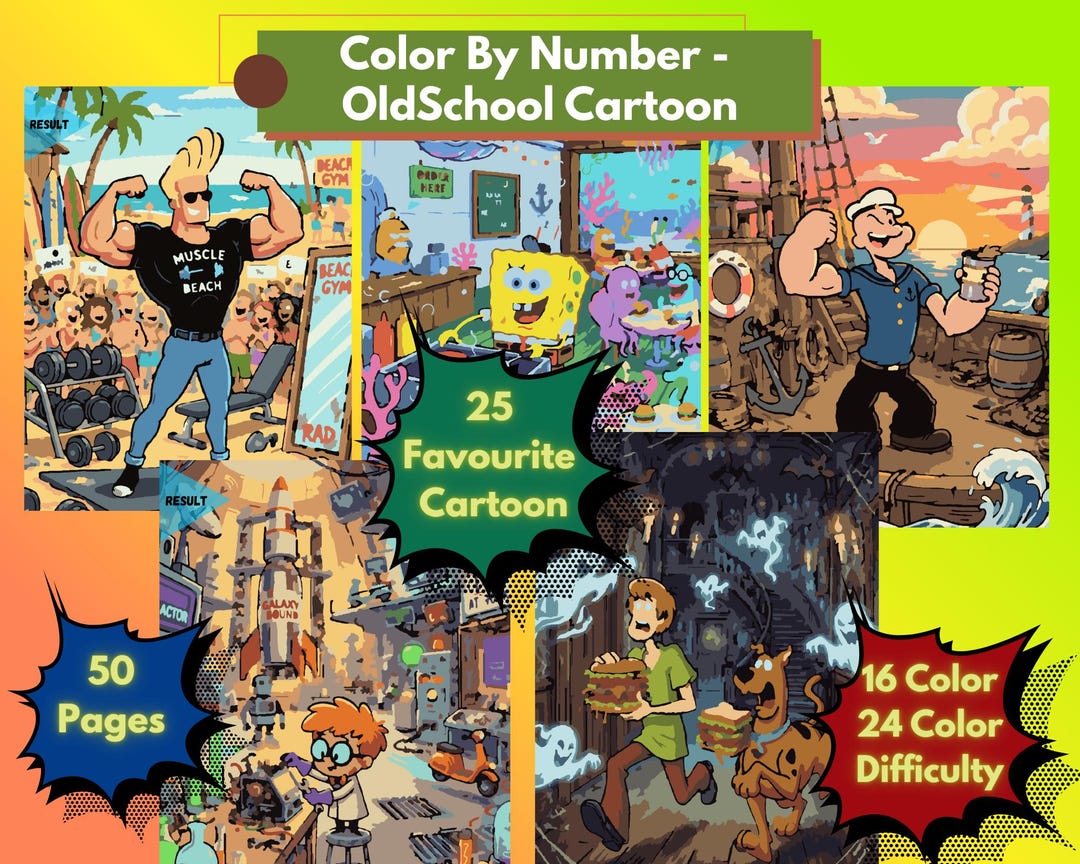 Retro Cartoon Color by Number Book, 50 Pages, Classic Animation ...
