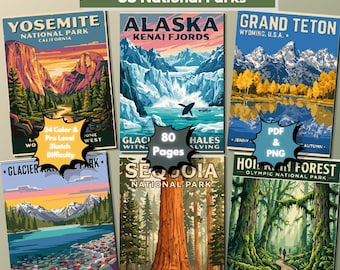 USA National Parks Color by Number Book, 40 Poster Scenes, 80 Pages (PDF, PNG)