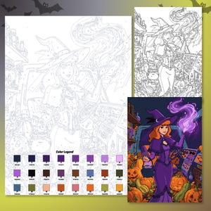 May include: A paint-by-number activity sheet featuring a witch in a purple dress and hat, holding a cauldron and casting a purple spell. The sheet includes a numbered outline, a color legend with 24 hex codes, and a finished color reference image.