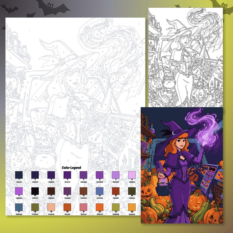 May include: A paint-by-number activity sheet featuring a witch in a purple dress and hat, holding a cauldron and casting a purple spell. The sheet includes a numbered outline, a color legend with 24 hex codes, and a finished color reference image.
