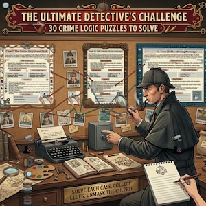 May include: A detective game set titled The Ultimate Detective's Challenge featuring 30 crime logic puzzles. The scene includes a corkboard with case files, a typewriter, a safe, books, a magnifying glass, and a detective character writing in a notepad.