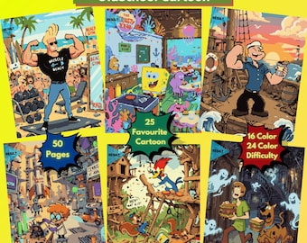 Retro Cartoon Color by Number Book, 50 Pages, Classic Animation Activity (Digital Download)