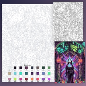 May include: A paint-by-number kit featuring a nun standing in a dark, arched stone corridor with glowing mushrooms and a vibrant, multi-colored light burst behind her. The kit includes a numbered outline template and a color legend with 24 distinct shades.