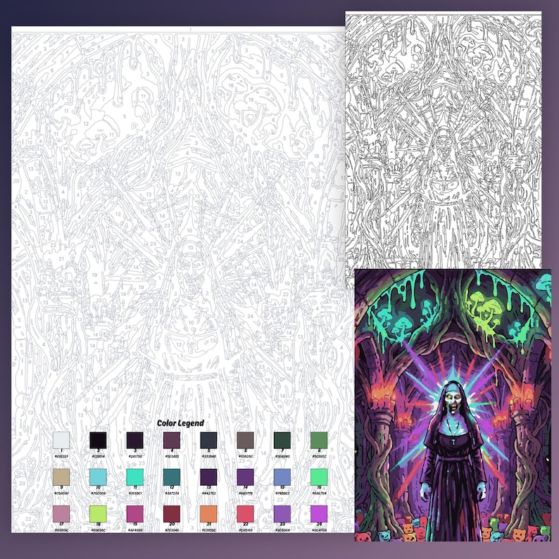May include: A paint-by-number kit featuring a nun standing in a dark, arched stone corridor with glowing mushrooms and a vibrant, multi-colored light burst behind her. The kit includes a numbered outline template and a color legend with 24 distinct shades.