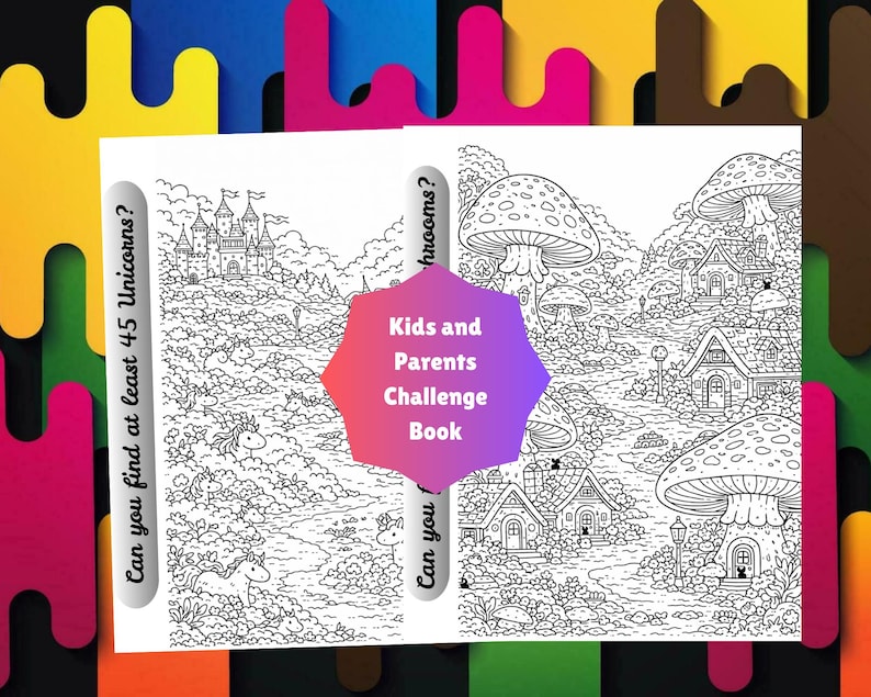 May include: A black and white activity book titled "Kids and Parents Challenge Book." The book features detailed illustrations of a castle scene and a mushroom village. Text on the side asks, "Can you find at least 45 Unicorns?" and "Can you find the mushrooms?"