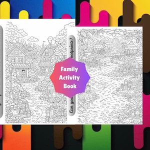 May include: A black and white family activity book with two detailed illustrations. One shows a village scene, the other a jungle scene. Text on the book reads "Can you find at least 65 Hidden Faces?" and "Family Activity Book."