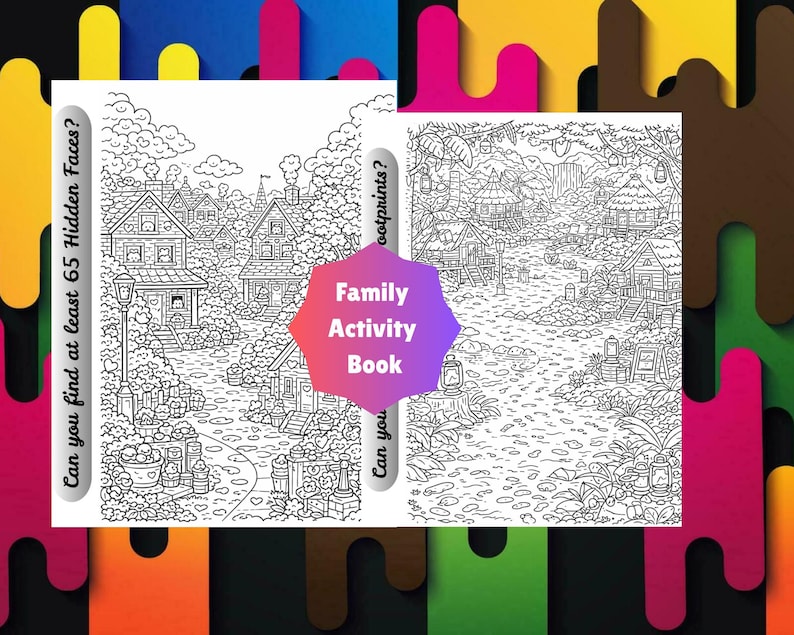 May include: A black and white family activity book with two detailed illustrations. One shows a village scene, the other a jungle scene. Text on the book reads "Can you find at least 65 Hidden Faces?" and "Family Activity Book."