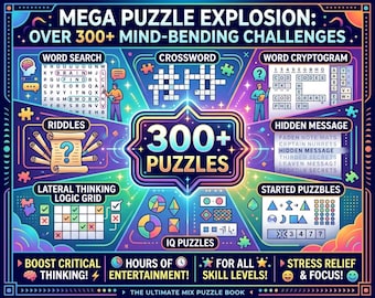Libro de más de 300 rompecabezas variados: búsqueda de palabras, crucigramas, adivinanzas, juegos de lógica (juegos mentales imprimibles)