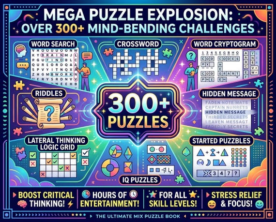 300+ Mixed Puzzle Book: Word Search, Crossword, Riddles, Logic Puzzle (Printable Brain Games)