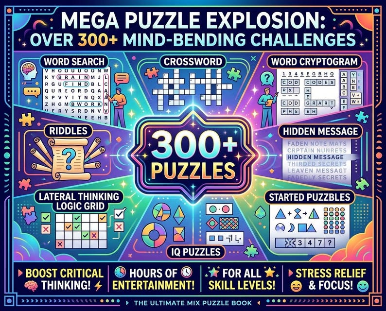 Op de afbeelding: Een kleurrijke puzzelboekcover met de titel MEGA PUZZLE EXPLOSION: OVER 300+ MIND-BENDING CHALLENGES. Het bevat secties voor woordzoekers, kruiswoordraadsels, cryptogrammen, raadsels, verborgen berichten, logische roosters en IQ-puzzels.
