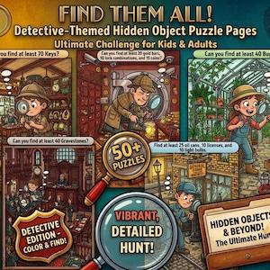 May include: A collection of detective-themed hidden object puzzle pages featuring vibrant illustrations. The text includes FIND THEM ALL! Detective-Themed Hidden Object Puzzle Pages, 50+ PUZZLES, VIBRANT, DETAILED HUNT!, and HIDDEN OBJECTS & BEYOND!