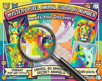 Color by Number Book, Mystery Pixel Animal, 40 Hidden Art Puzzles, 24 colors