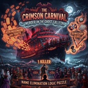 May include: A game box cover titled The Crimson Carnival Murder on the Ghost Galleon, featuring a large ship, a crowd in costumes, 4220 passengers with tickets, 18 mystery clues, and a detective figure. Text includes 1 Killer and Name Elimination Logic Puzzle.