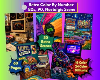 Libro de colorear por números estilo retro, escenas nostálgicas de los años 80 y 90, 60 páginas, 24 colores, imprimible.