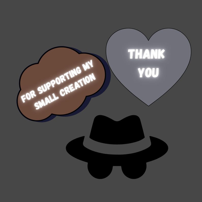 Pu&ograve; includere: Un grafico a forma di nuvola marrone con il testo bianco FOR SUPPORTING MY SMALL CREATION, un cuore grigio con il testo bianco THANK YOU e un'icona di cappello fedora nero posizionata sotto le due forme su uno sfondo grigio scuro.