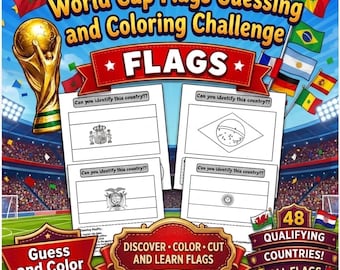 Páginas para colorear con las banderas de la Copa Mundial de la FIFA 2026 / Actividad para adivinar las naciones (Descarga digital)