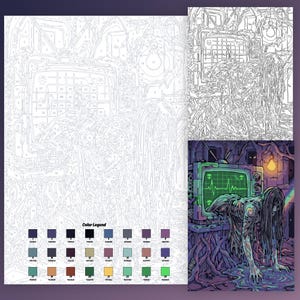 May include: A paint-by-number kit featuring a horror-themed illustration of a long-haired figure emerging from a television set. The kit includes a numbered outline template, a color legend with twenty-four distinct shades, and a finished reference image.