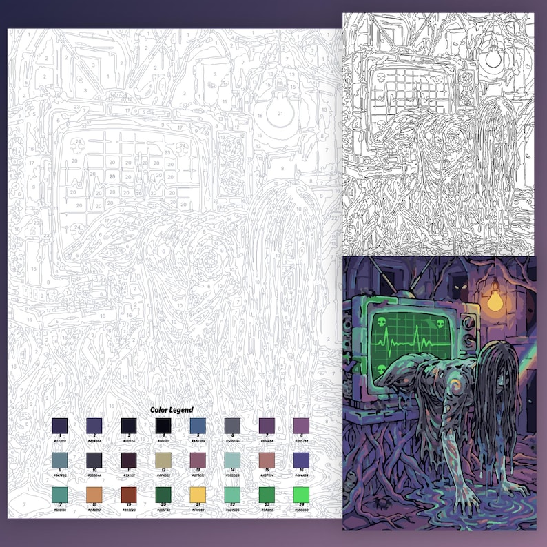 May include: A paint-by-number kit featuring a horror-themed illustration of a long-haired figure emerging from a television set. The kit includes a numbered outline template, a color legend with twenty-four distinct shades, and a finished reference image.