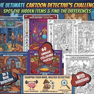 Peut inclure: Un recueil de pages d'activités intitulé The Ultimate Cartoon Detective's Challenge, comprenant des scènes d'objets cachés, des jeux des différences et des coloriages. Le livre contient 60 puzzles uniques, des illustrations de détectives et des solutions pour aiguiser le sens de l'observation.