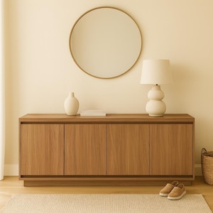 Walnut Entertainment Center | 68&quot; Media Console | Modern TV Stand with Cabinets & Shelves
