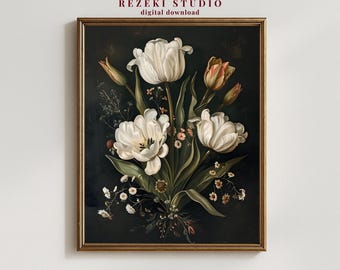 Vintage White Tulip Print – Antyczny nadruk kwiatowy, ciemna martwa natura z kwiatami (pobranie cyfrowe)