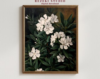 Vintage vit oleandertryck – botanisk blommig väggkonst (digital nedladdning)