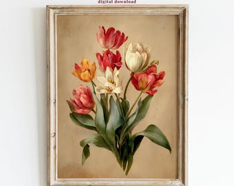 Botaniczny wydruk z motywem tulipana w stylu vintage – ilustracja antycznego kwiatu – kremowe tło do druku (do pobrania cyfrowego)