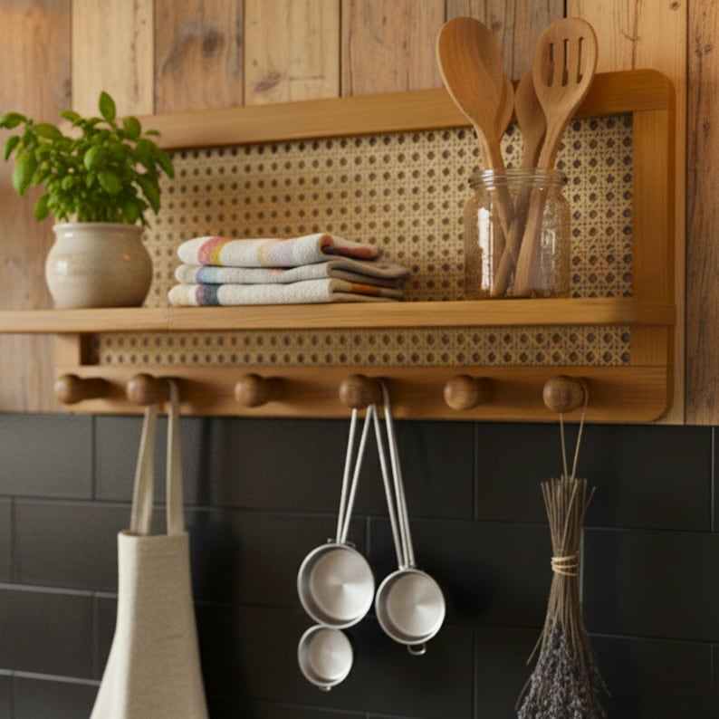 Puede incluir: Estante de cocina de madera con respaldo tejido, que contiene una planta en maceta, toallas dobladas y un tarro de cristal con cucharas de madera. Debajo, ganchos sostienen un delantal, tazas medidoras y un manojo de hierbas secas.