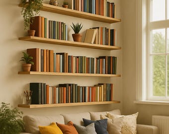 Puede incluir: Un salón acogedor con estanterías de madera clara llenas de libros de varios colores. Las estanterías están montadas en una pared beige sobre un sofá beige con cojines coloridos. Las plantas en macetas añaden un toque de vegetación.