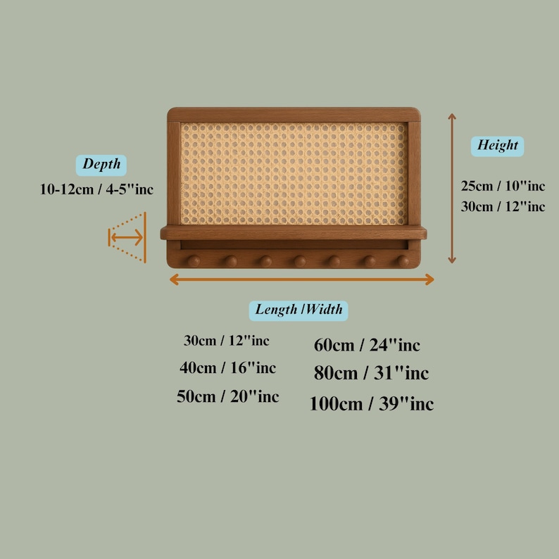 Puede incluir: Estante de pared de madera con panel central de rat&aacute;n tejido. Profundidad de 10-12cm, altura de 25-30cm, y longitudes de 30cm a 100cm. Incluye ganchos para colgar objetos.