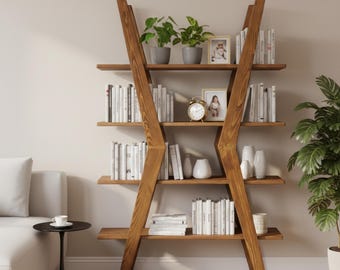 Modern X Bookshelf – Handgemaakte houten planken - Houten plank voor woonkamer