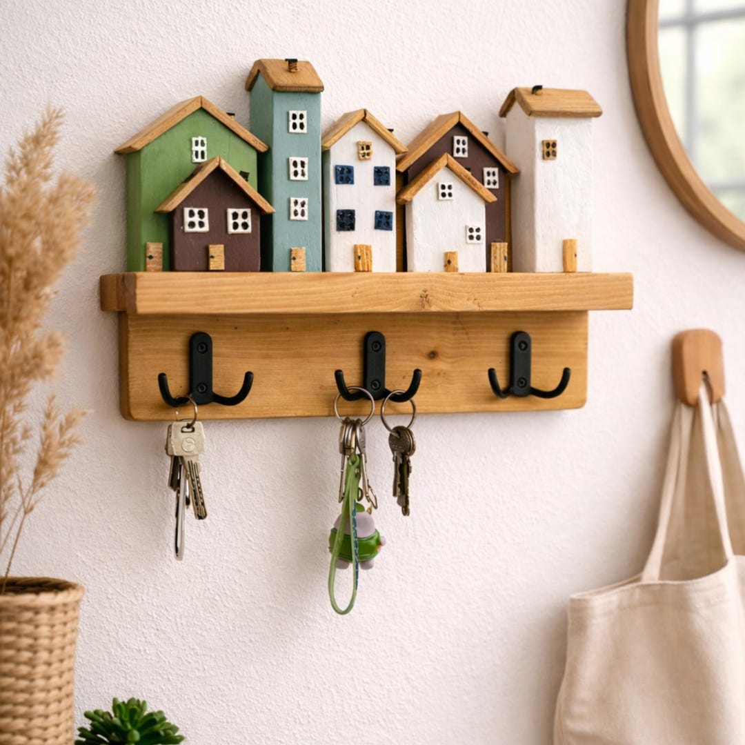 Handmade Wooden Key Holder Wall Mount – Rustic House Key Rack With ...