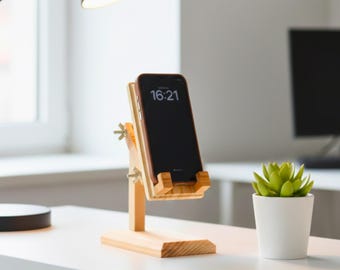 Massief houten verstelbare telefoonstandaard – handgemaakte houten houder, compatibel met tablet, uitschuifbare arm